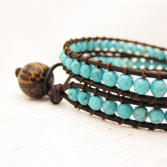 Turquoise Leather Wrap Bracelet / Eco Friendly Leather Coconut Wood Silk / sky blue southwestern bohemian unisex wrap bracelet