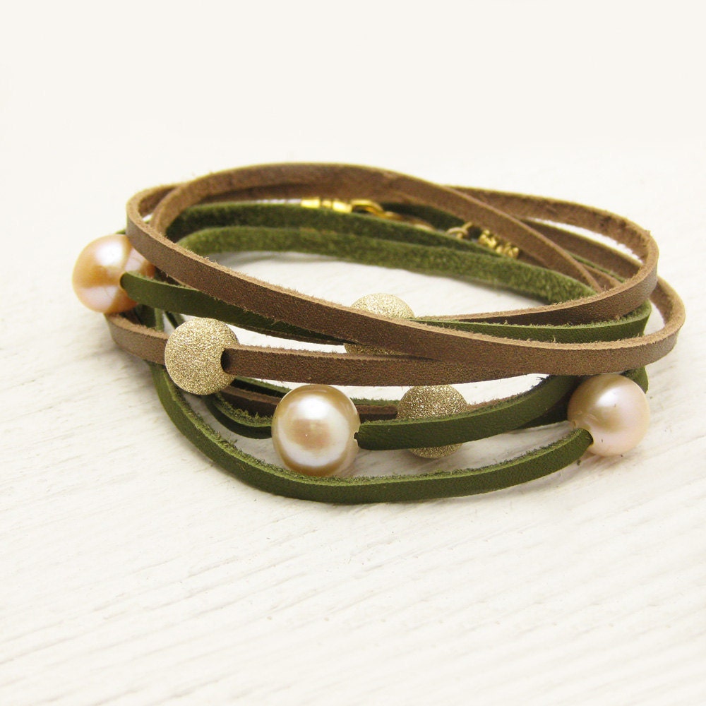 Peach Pearl and Gold with Bronze and Olive Leather Wrap Bracelet / Fresh Water Pearl & Eco Friendly Leather / gladiator tribal bohemian sag