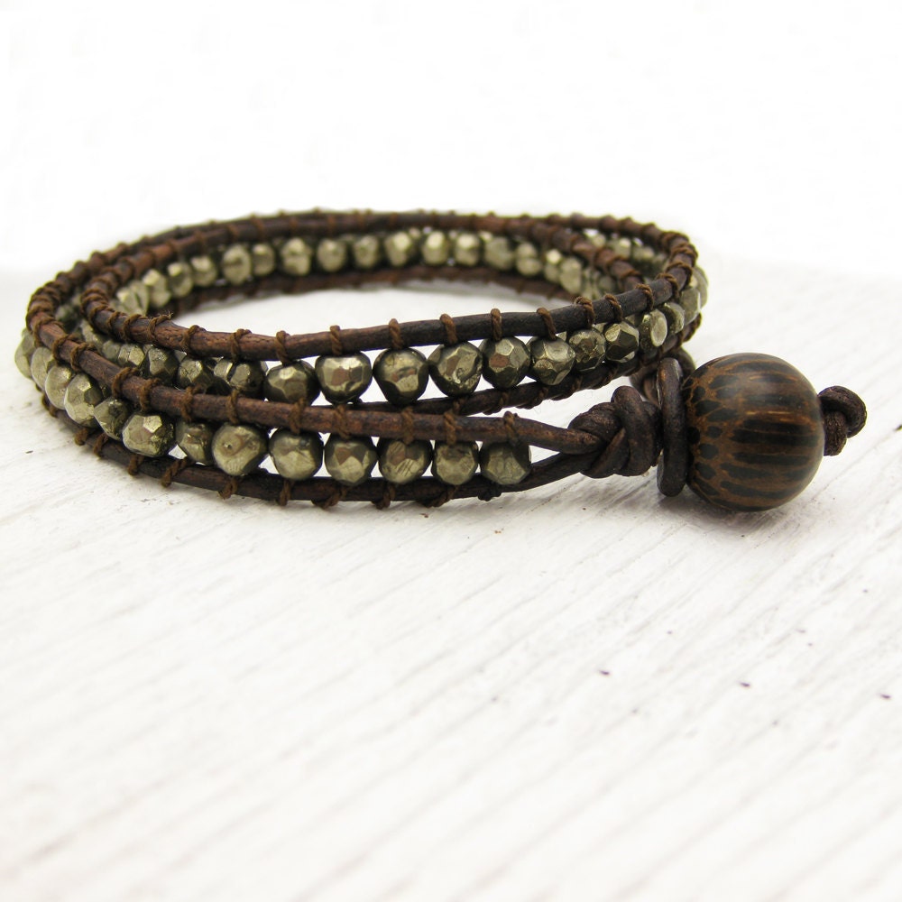 Pyrite Leather Wrap Bracelet with Coconut Wood and 100% Silk: fools gold dude unisex brown inspired by woodland tree coffee