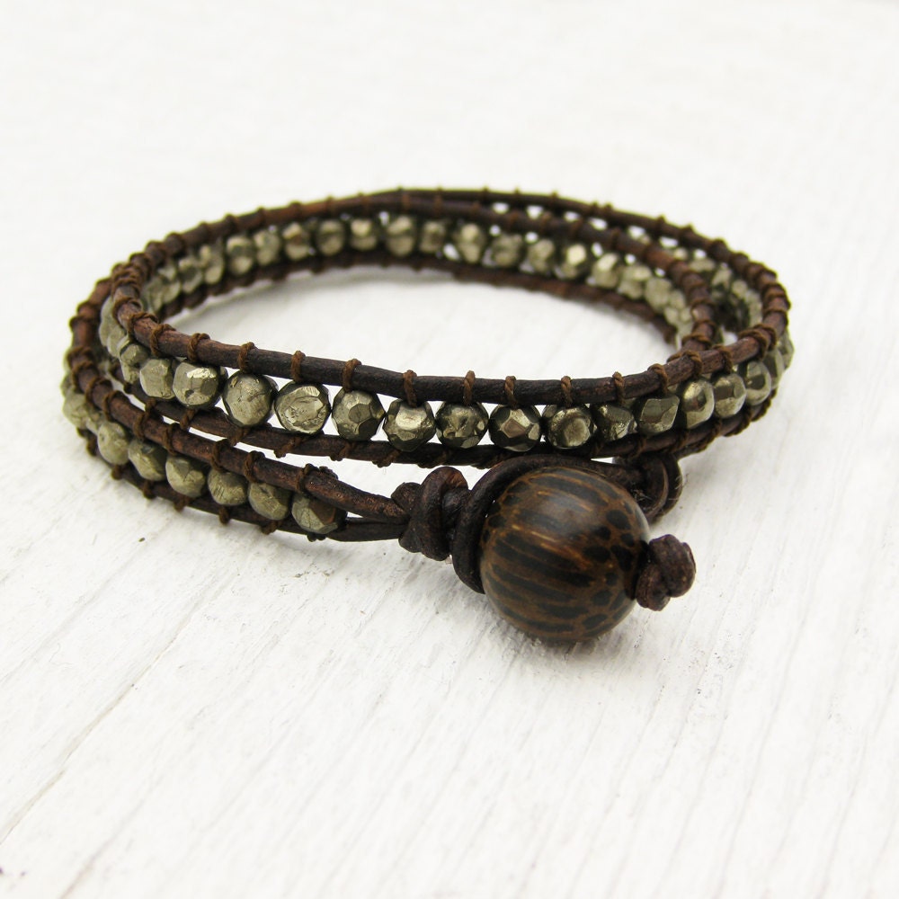 Pyrite Leather Wrap Bracelet with Coconut Wood and 100% Silk: fools gold dude unisex brown inspired by woodland tree coffee