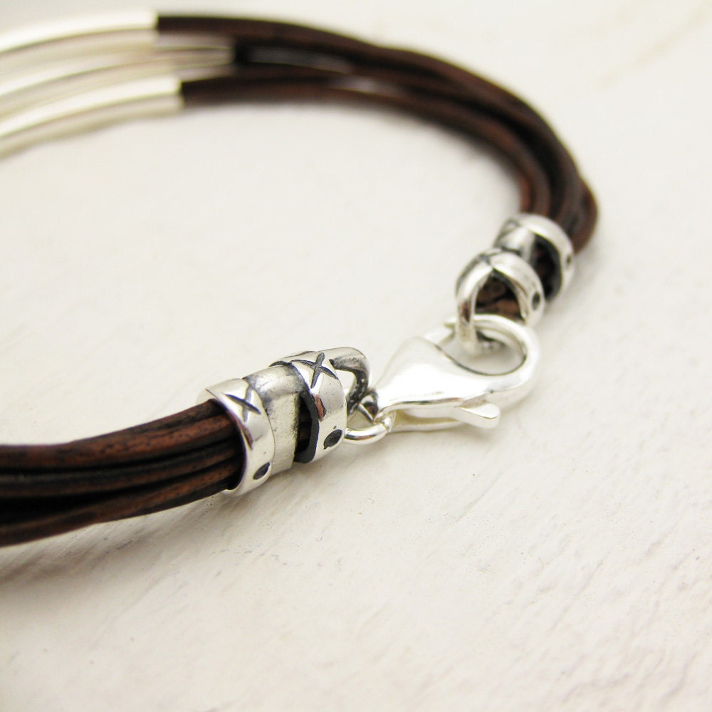 Antique Brown Leather & Sterling Silver Bracelet / rustic comfort natural coffee colored / nature woodland inspired / unisex