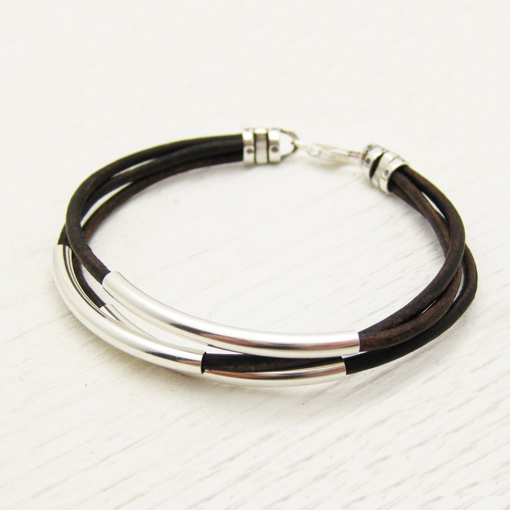 Antique Brown Leather & Sterling Silver Bracelet / rustic comfort natural coffee colored / nature woodland inspired / unisex