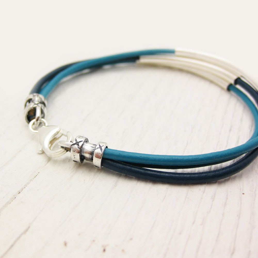 Turquoise Aqua Blue Leather & Sterling Silver Bracelet / unisex silver comfort natural / geometric boho bohemian stacking bangle modern