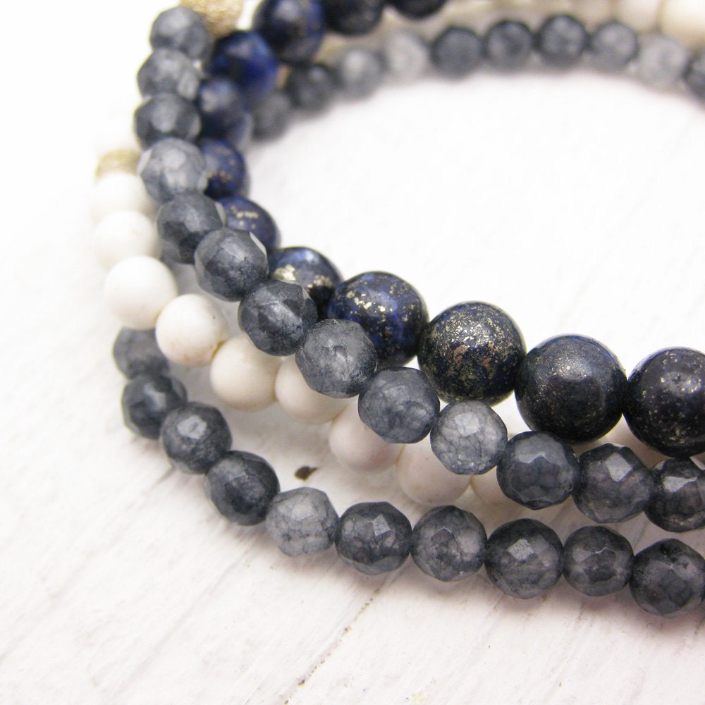 Lapis Lazuli Starry Night Bracelet with Brushed Sterling Silver / navy blue gold / nautical sky star sea inspired / diamond silver focal be