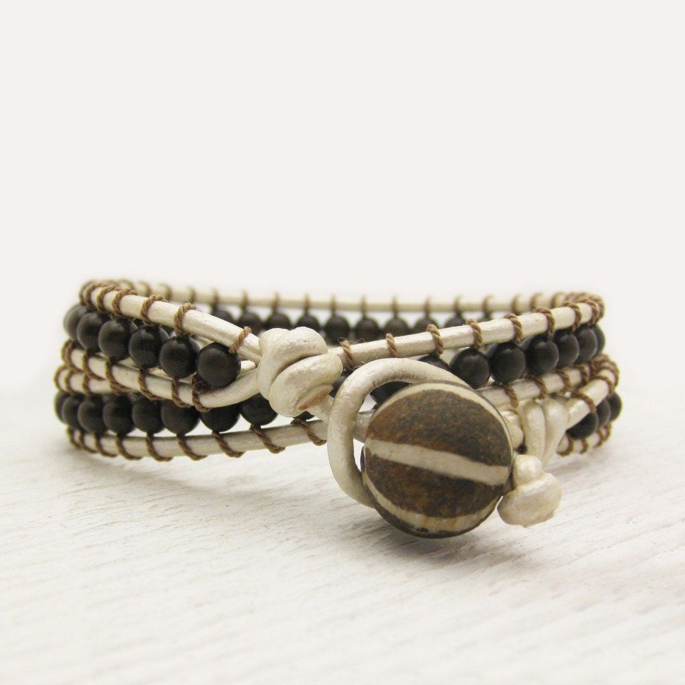 Pearl Leather Bronzite Wrap Bracelet / fossilized coconut wood with silk / chocolate brown cream ivory / bohemian tribal neutral