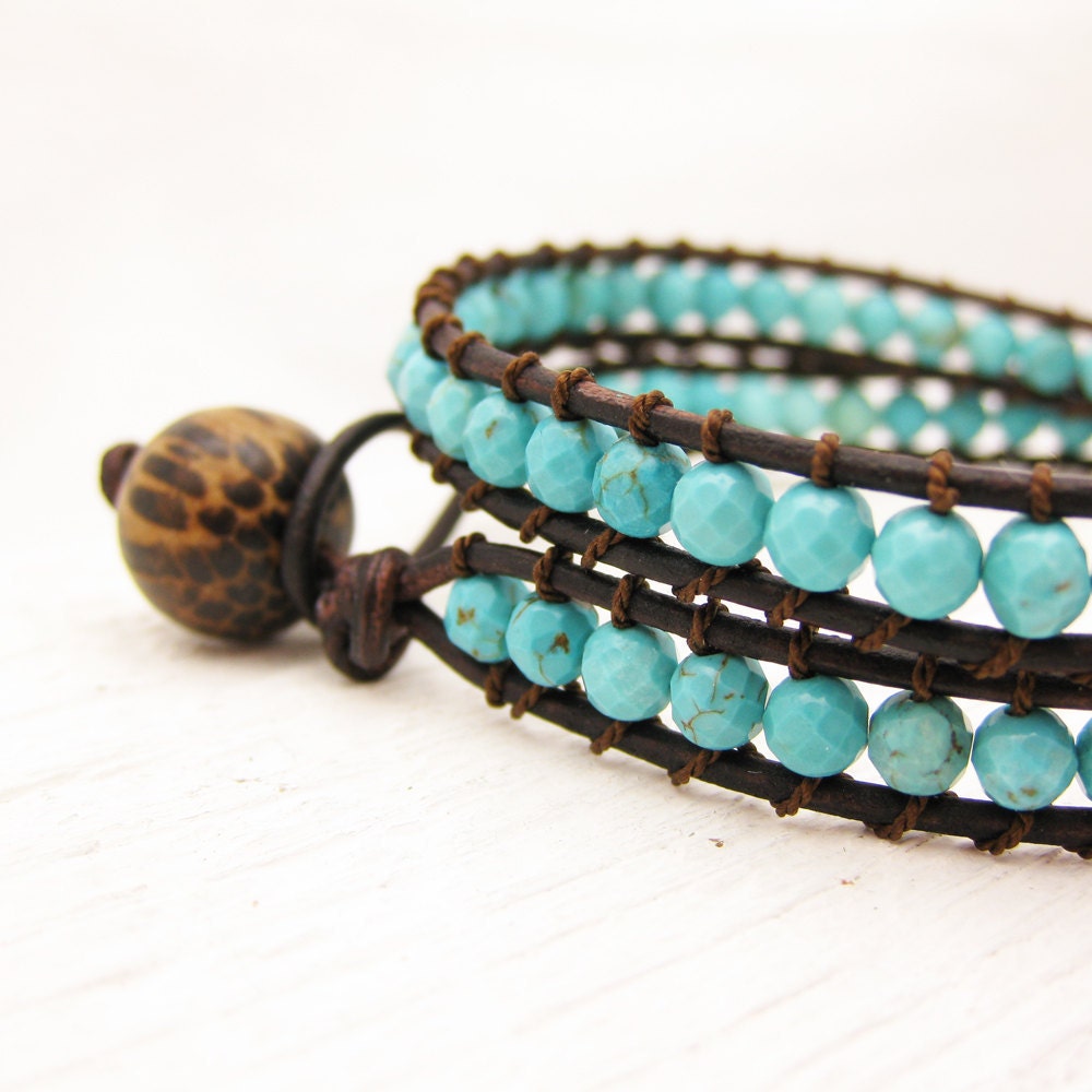 Turquoise Leather Wrap Bracelet / Eco Friendly Leather Coconut Wood Silk / sky blue southwestern bohemian unisex wrap bracelet