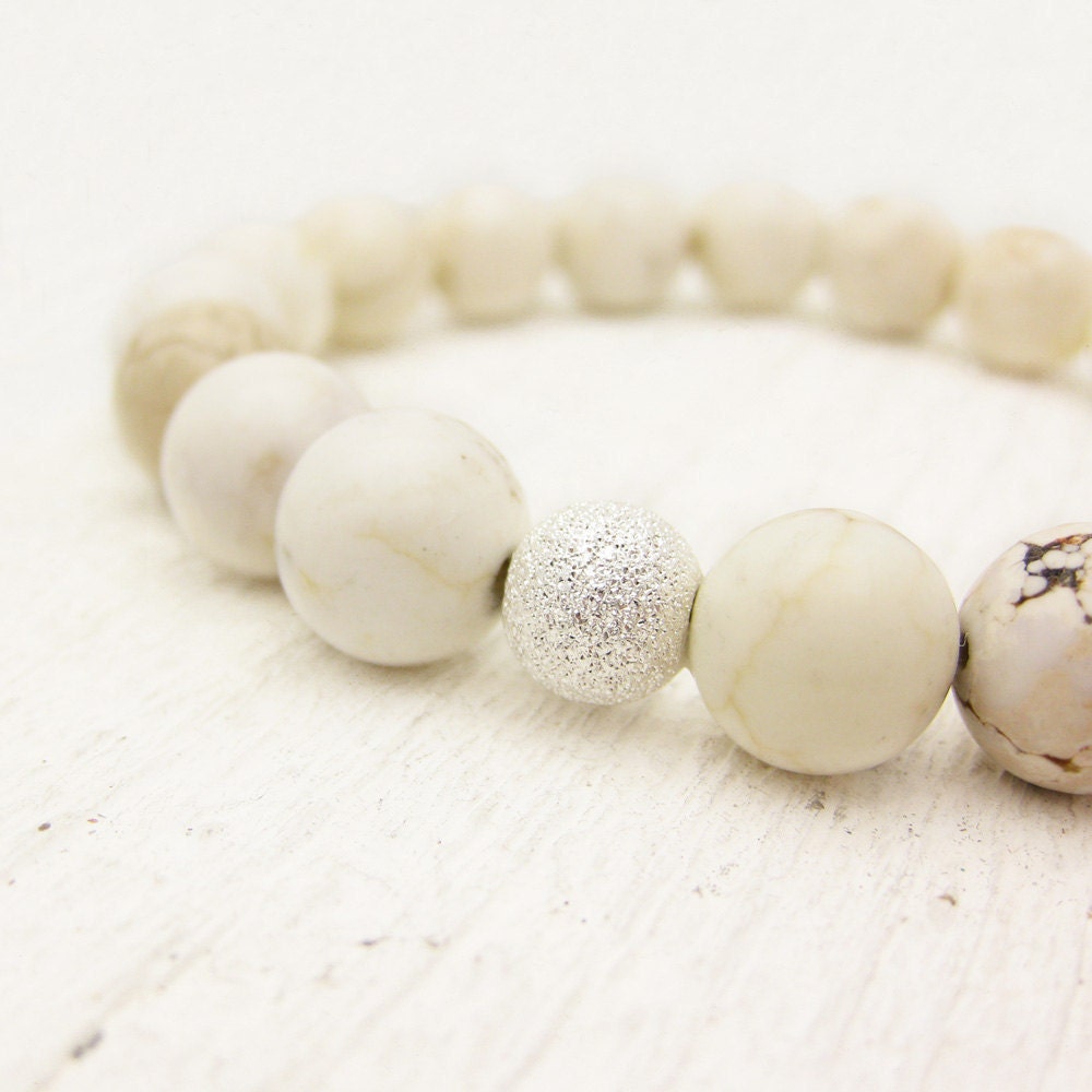 White Turquoise (magnasite) Bead Bracelet with Sterling Silver Stardust Ball / cream natural stacking stretch / nature woodland inspired