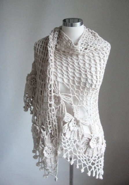 BEIGE COTTON Floral SCARF-Mothers Day Gift -Fashion-Spring-Winter-Fringe Lace-Tukish Hand Knit-Wedding Govn-crochet