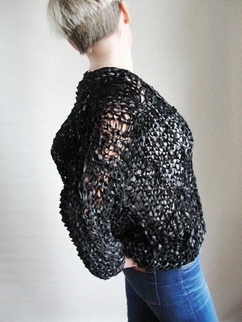 BLACK HANDMADE BUCKSKIN ROPE(CHAMOIS LEATHER) CARDIGAN