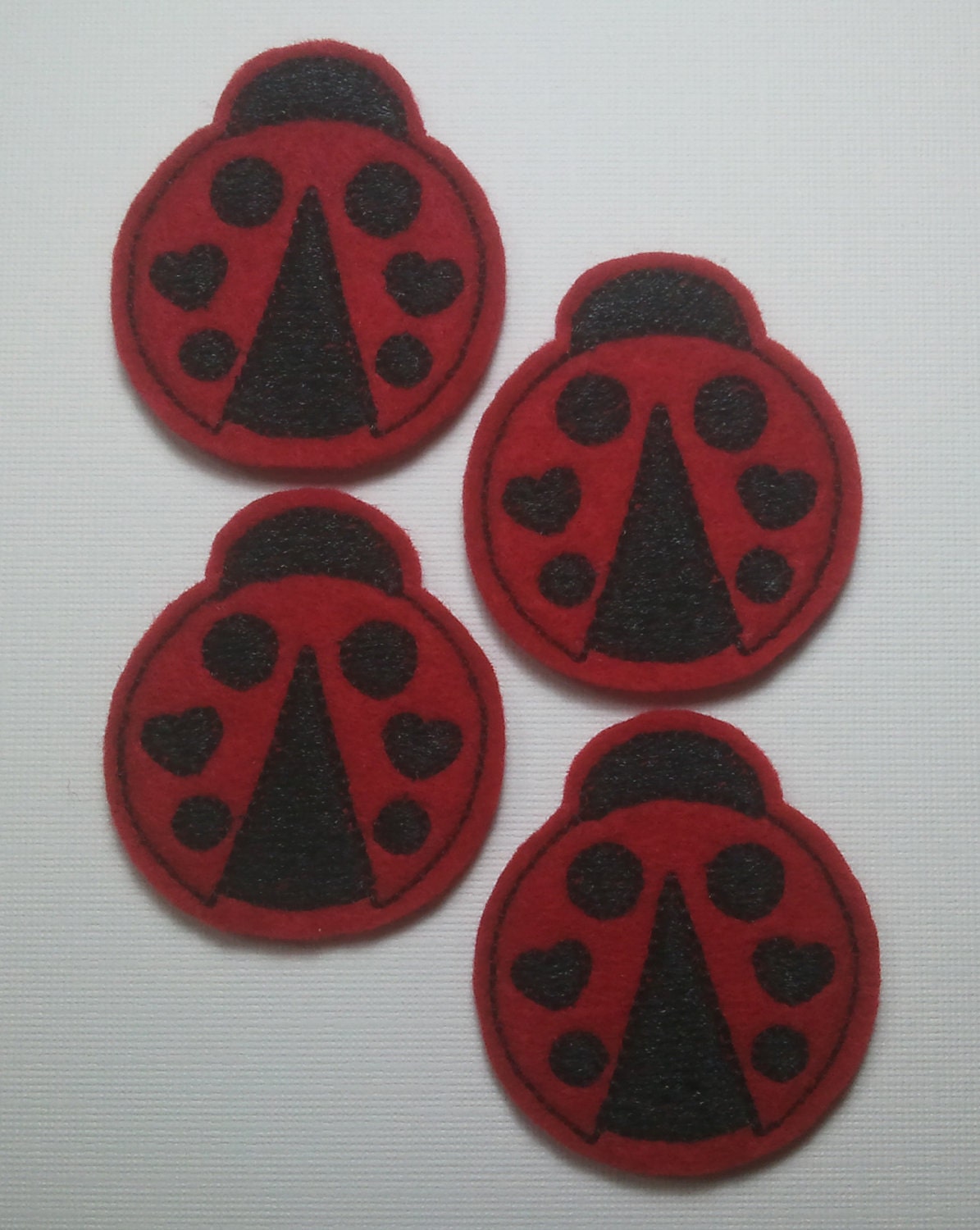 Machine Embroidered Felt -- Four (4) Red Ladybug Embellishments Appliques for Crafts Hair Bows Clippies Clips -- QUICK TO SHIP