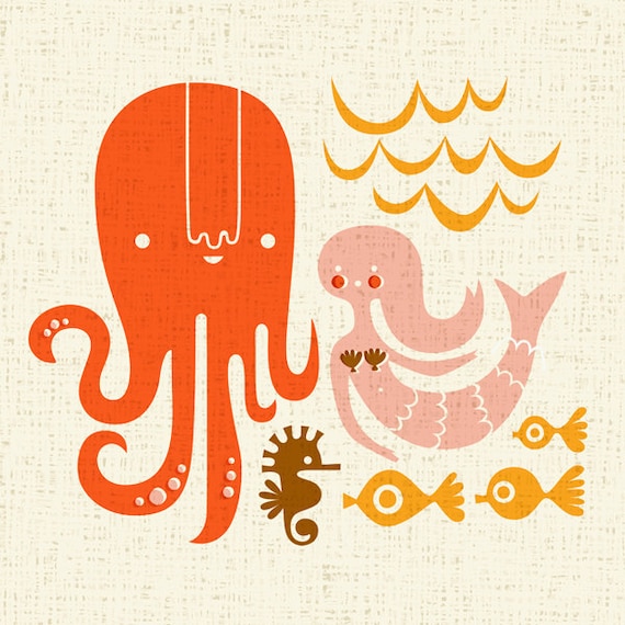 sale. octopus garden giclee print. 12X12.