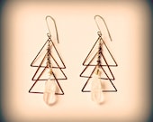 Vintage Brass Gold Triangles, Crystal Quartz, Santa Fe Inspired - Cuarzo Earrings