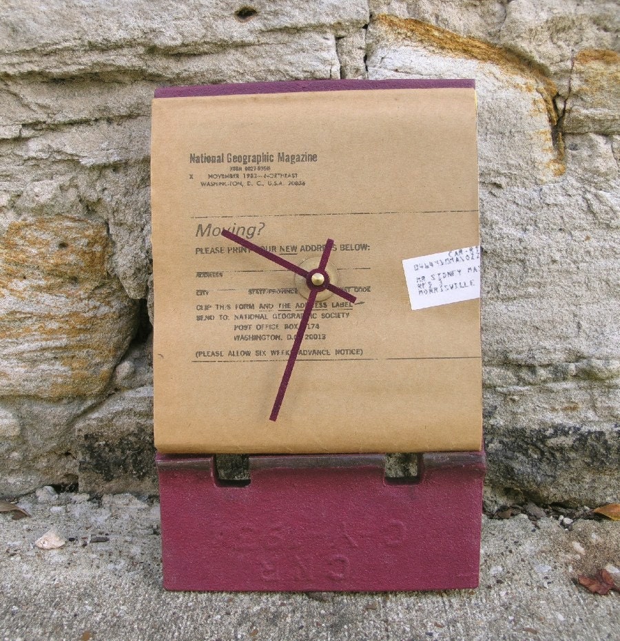 Contemporary Wall Clock - Found Object Metal Art -  Industrial Home Decor, beige, magenta - quartz clock