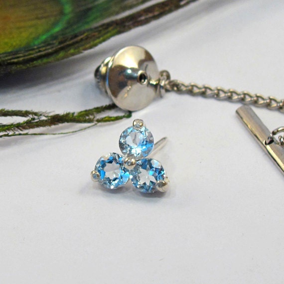 Blue Topaz Tie Tack: 3-Stone Sky Blue Topaz Tie Pin Brooch - T17