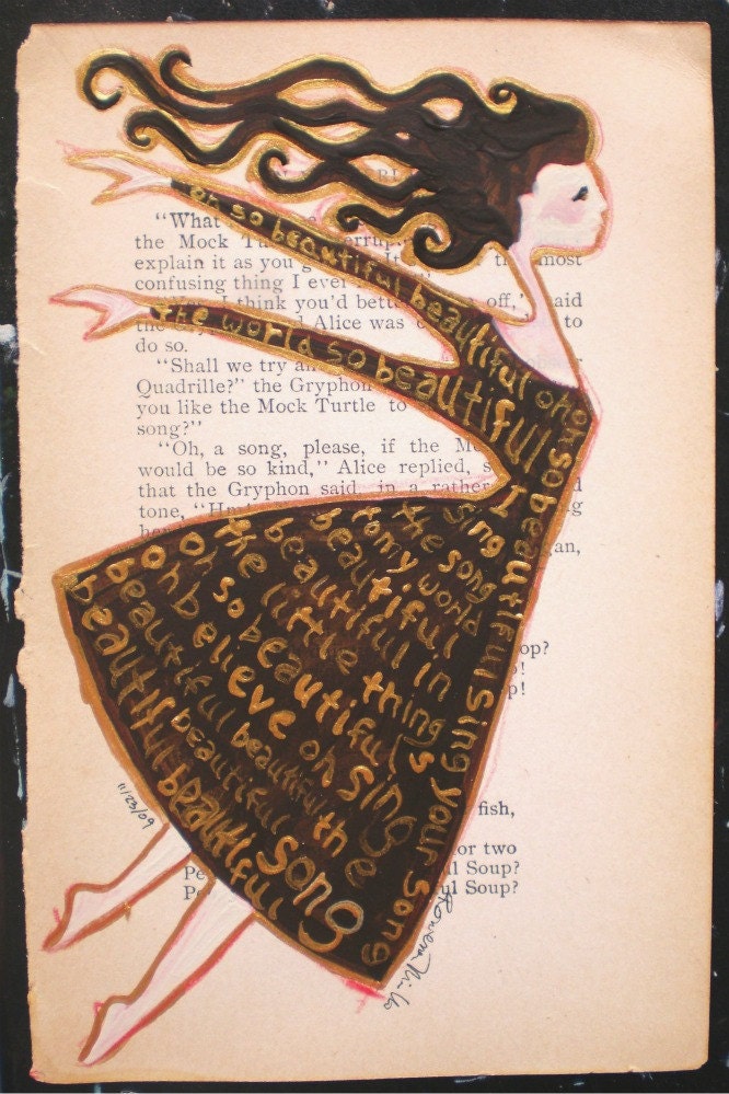Flying Girl Sings a Song, or Beautiful Beautiful. OOAK mixed media painting on vintage Alice in Wonderland book page