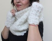 Ivory Crochet Cowl Fingerless Gloves Mittens, Winter Fall Spring Fashion Hand Knit For Her  Holiday Accessories READY TO SHIPPING