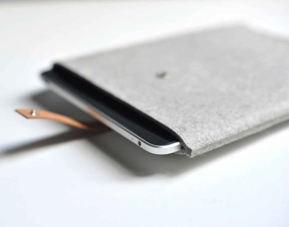 iPad Sleeve - Grey Wool Felt with Brown Leather