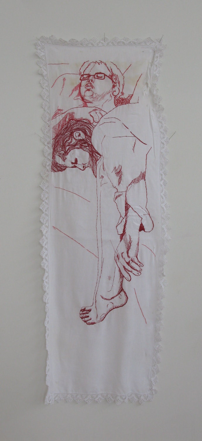 hand embroidered art- on the couch...