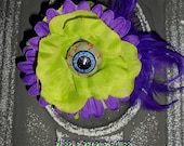 Dead Girl Decay Purple People Eater Monster Eyeball Flower Feather  Purple and Lime Green Barrette