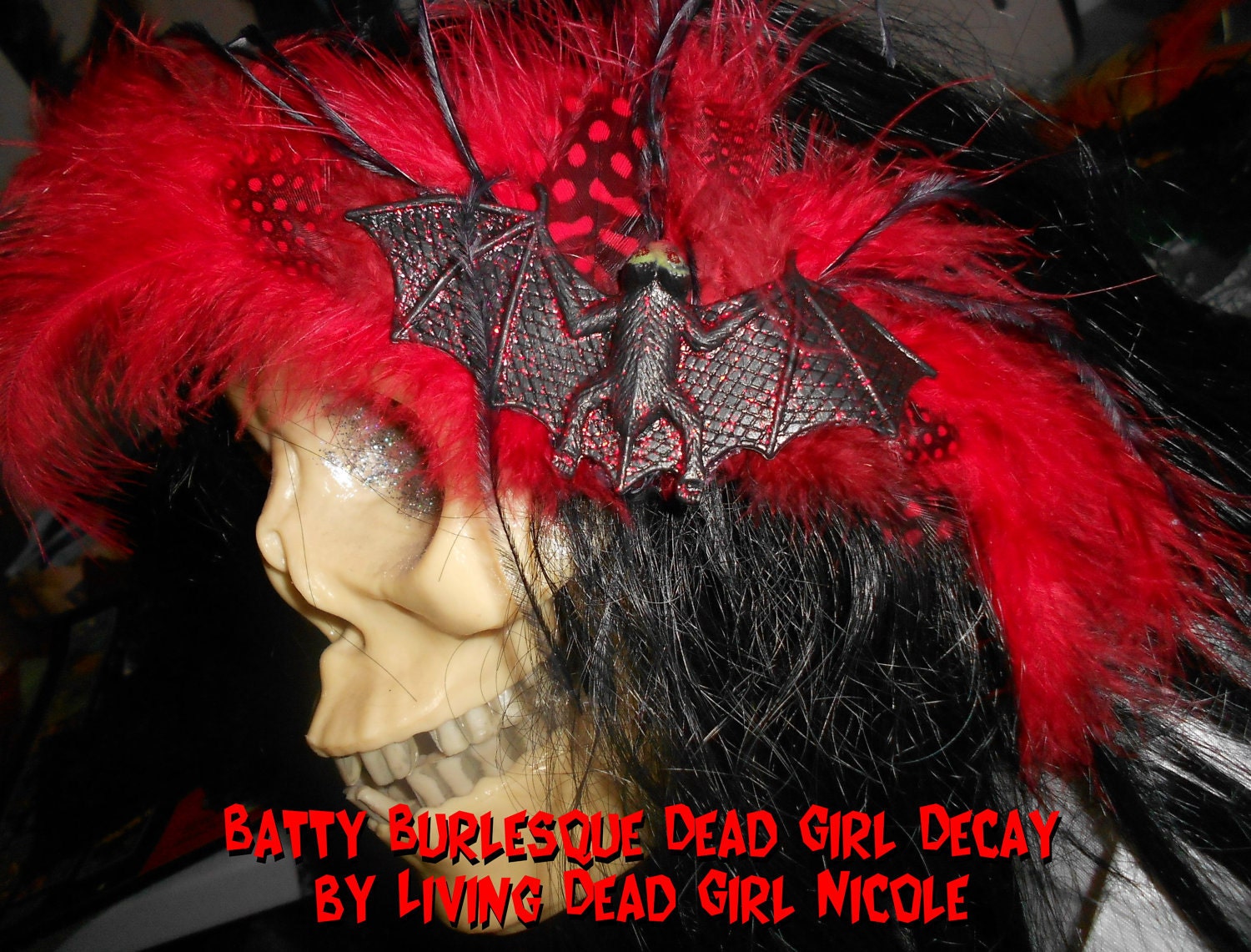 Dead Girl  Batty Burlesque Decay  Large Red Feather Barrette and Pin