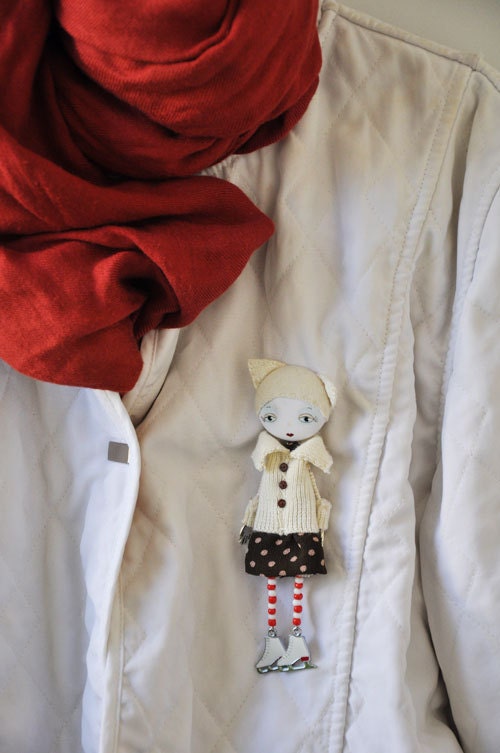 Art Doll Brooch Cat Hat mixed media collage - Free worldwide shipping