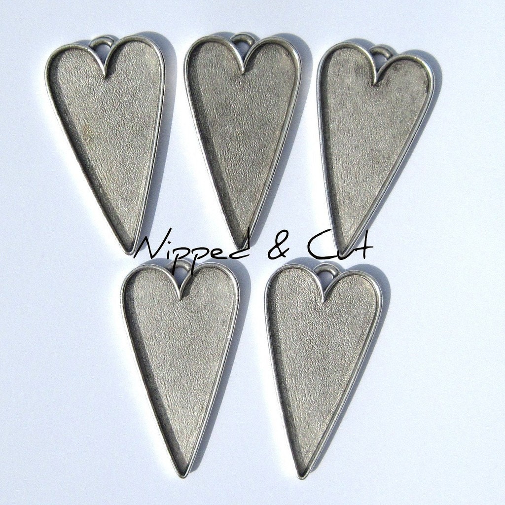 5 Large Antique Silver Heart Pendant Blank Bezel Tray Setting
