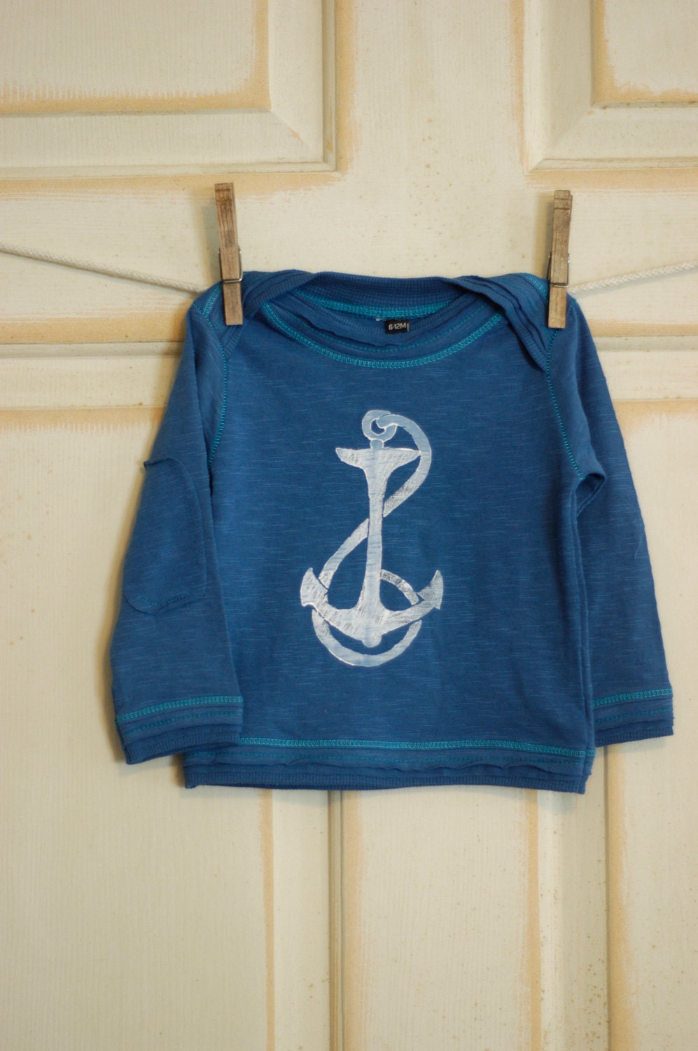 18-24 Month Infant Blue and White Organic Anchor Long Sleeve Lap Tee
