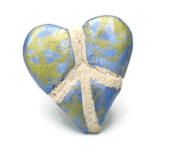 Peace Sign Heart Mosaic Tile Ring Periwinkle and Apple Green