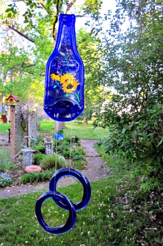 Blue Beer Bottle Wind Chime, Recycled, Eco Friendly Hand Painted