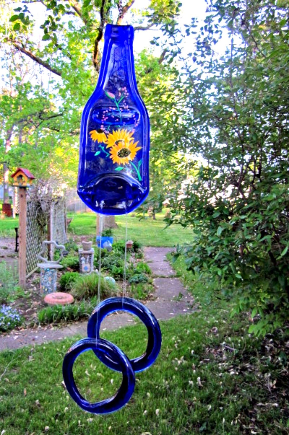 Blue Beer Bottle Wind Chime, Recycled, Eco Friendly Hand Painted
