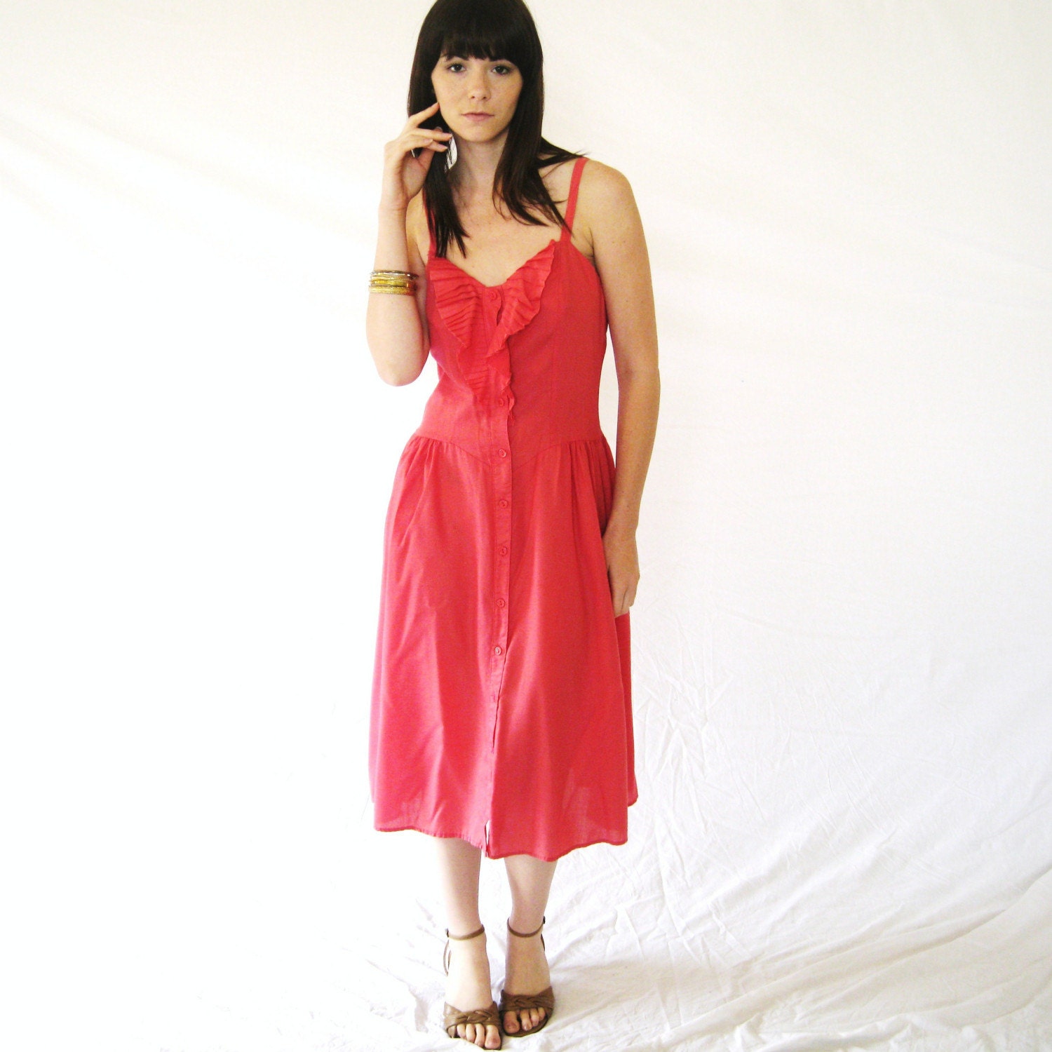 80s vintage coral tuxedo style ruffle sun dress s - m