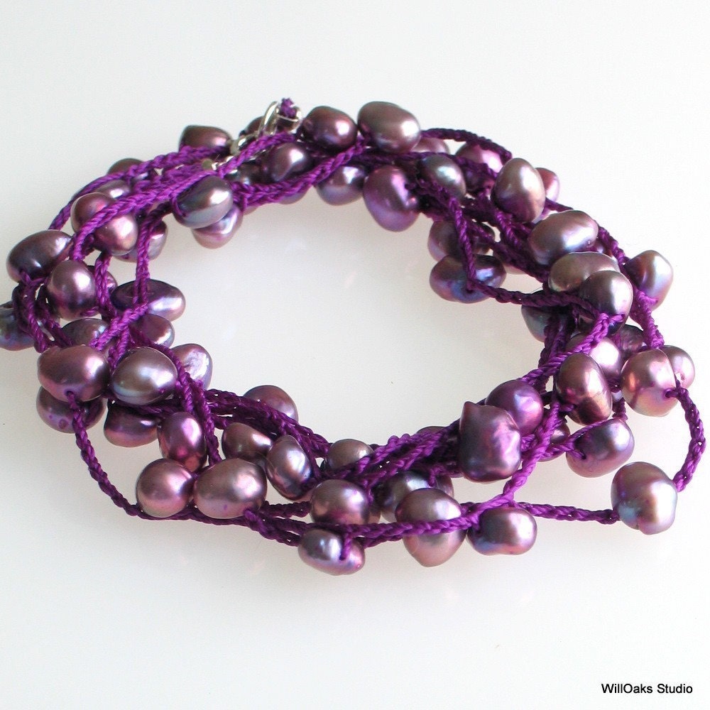 Purple Pearls Long Chain, Crocheted Silk and Pearl Long Necklace or Wrap Cuff, Purple Pearl Bracelet, Purple Pearl Necklace
