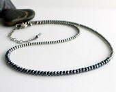 Gray Stone Choker Necklace, Dark Gray Sparkly Hematite on an Oxidized Beaded Sterling Chain, Dark Choker Stone and Silver - WillOaksStudio