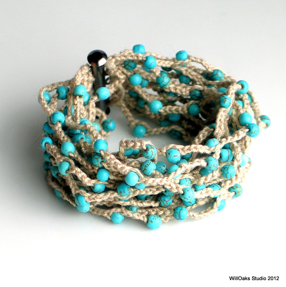 Beaded Crocheted Cuff, Wide Thick Cotton Bracelet in Linen with Turquoise Beads, Artist's Original Fiber Cuff, Vogue Crochet 2012