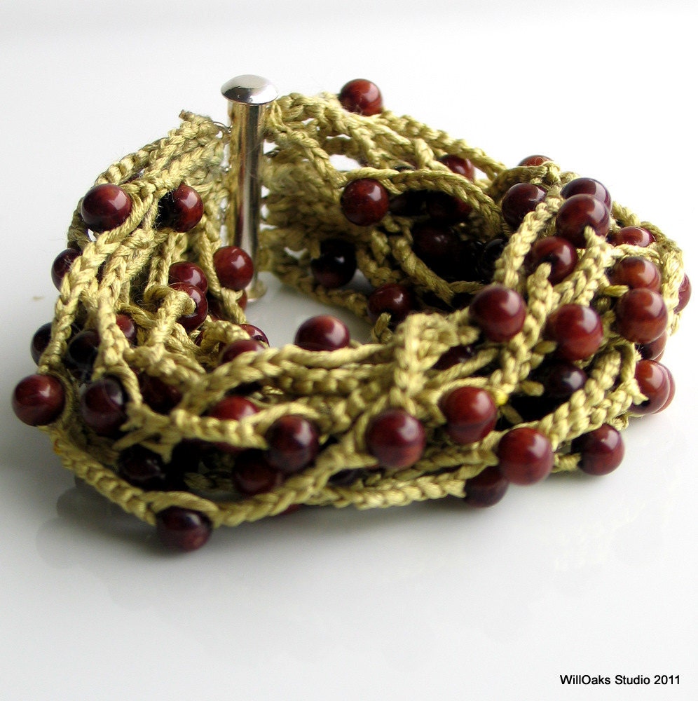 Crochet Bead Cuff, Silk Cuff Bracelet with Brown Bamboo Coral Beads, Pantone Color Bamboo
