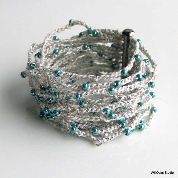 Gray and Teal Crocheted Cuff, Wide Thick Cotton Bracelet with Teal and Crystal Beads, Artist's Original Fiber Cuff