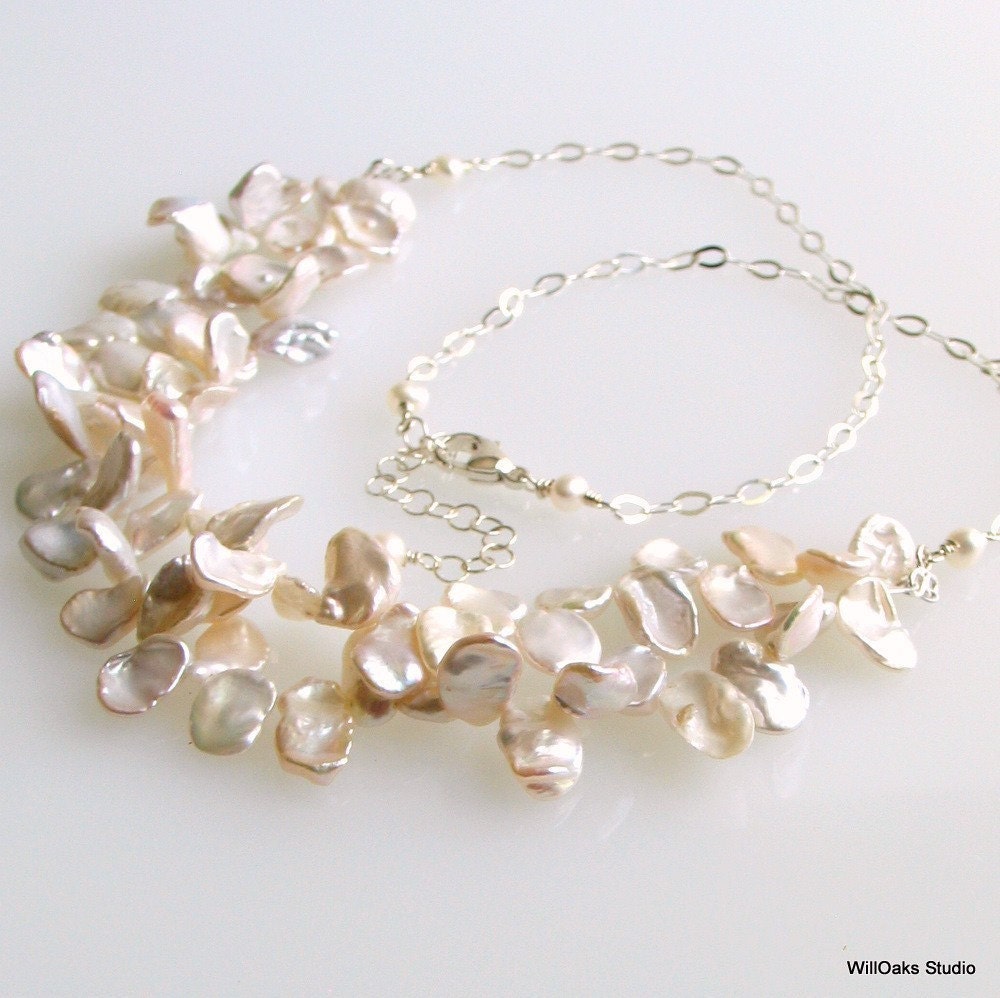 Keishi Pearl Bib Necklace, White Keishi Petals and Sterling Silver, Rich Petal Bib Necklace, Deluxe Gift for Her
