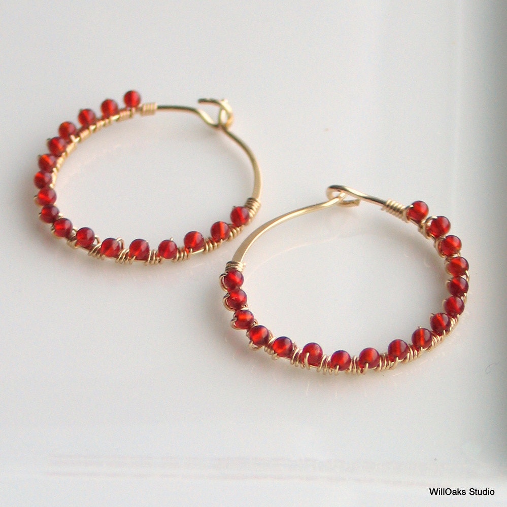 Orange Carnelian and Gold Hoops, Tiny Carnelian Beads Wire Wrapped to Handmade Gold Hoops, Orange Stone Hoops