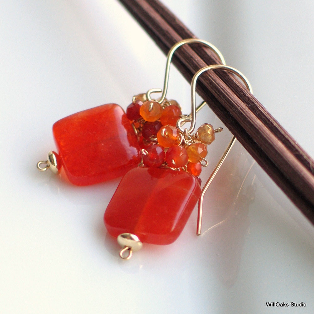 Tangerine Tango Square Gemstone Dangle Earrings, Orange Quartz Citrine Carnelian on Gold Earrings, Sunset Colors, Pantone for 2012