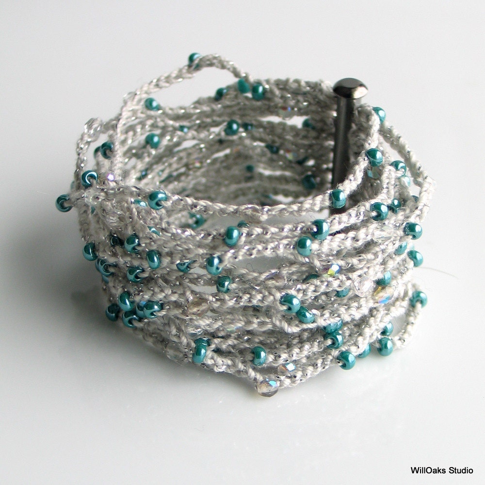 Gray and Teal Crocheted Cuff, Wide Thick Cotton Bracelet with Teal and Crystal Beads, Artist's Original Fiber Cuff