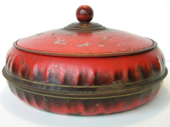 Red Vintage Round Metal Sewing Box by MyFreshPickins on Etsy