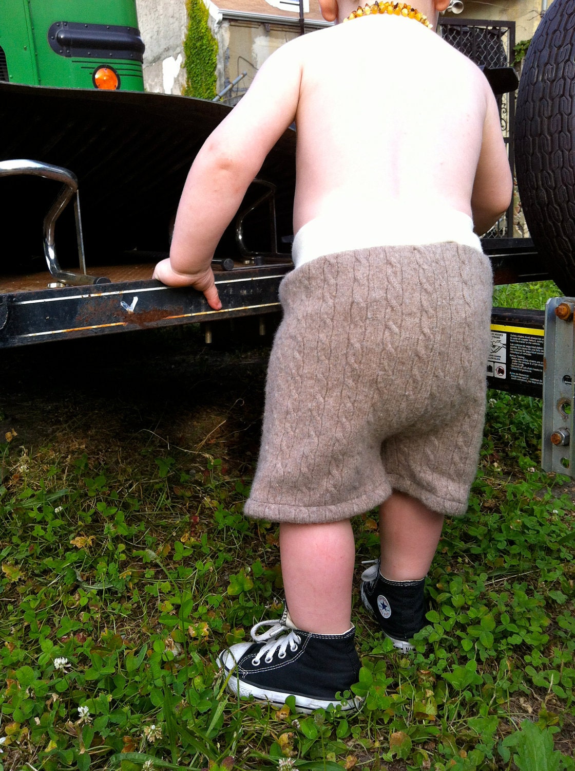 wool shorts - upcycled brown and cream - large - wool diaper cover shorties - cashmere cable knit