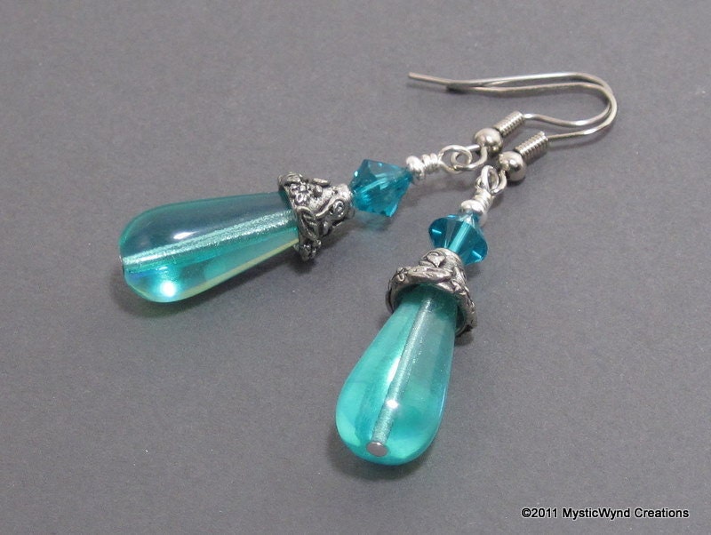 Aqua Teardrop Earrings - "Mermaid's Tears" Blue Zircon Crystal Accents, Pierced Earrings, Handcrafted