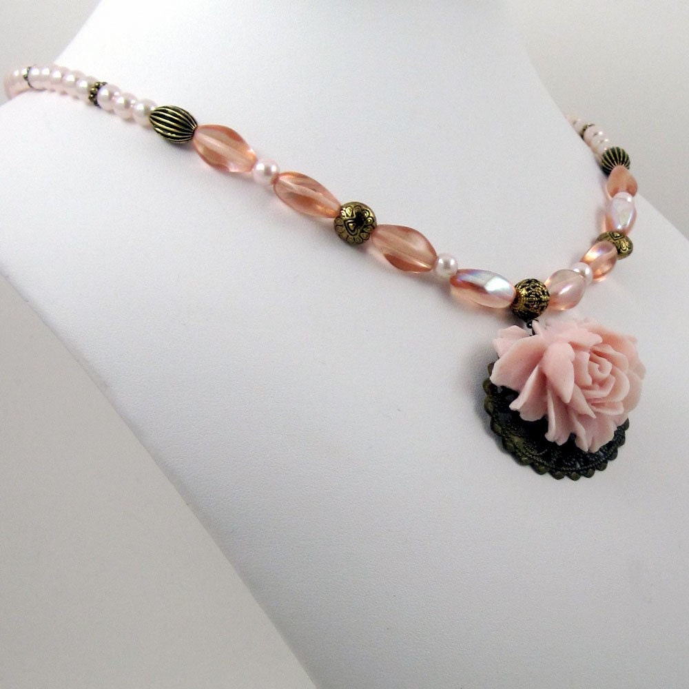 Pink Rose Floral Glass w Pearl Necklace - Claire