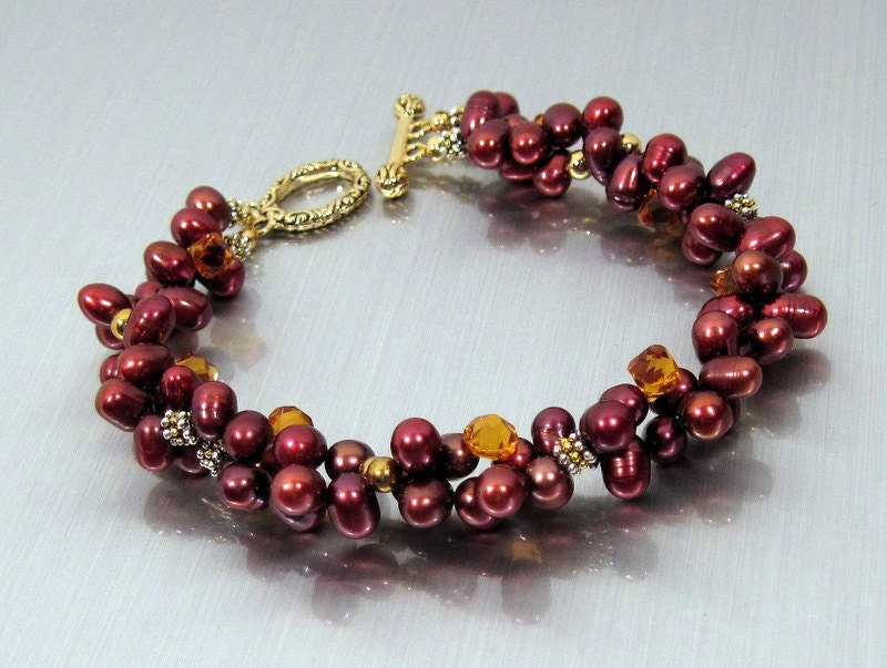 Cultured Pearl and Crystal Bracelet w Two Strands - Pomegranate and Mango