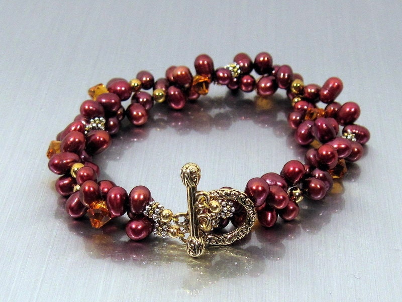 Cultured Pearl and Crystal Bracelet w Two Strands - Pomegranate and Mango