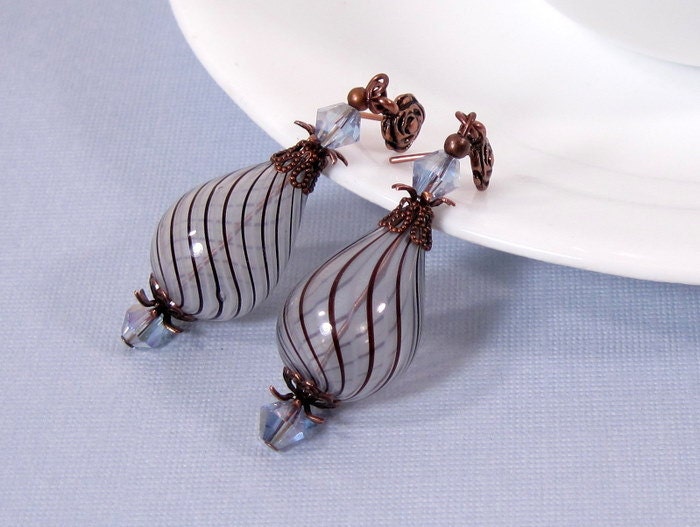 Blown Glass Earrings in Periwinkle Blue and Copper Brown - "Shirley" Vintage Style Drop Earrings