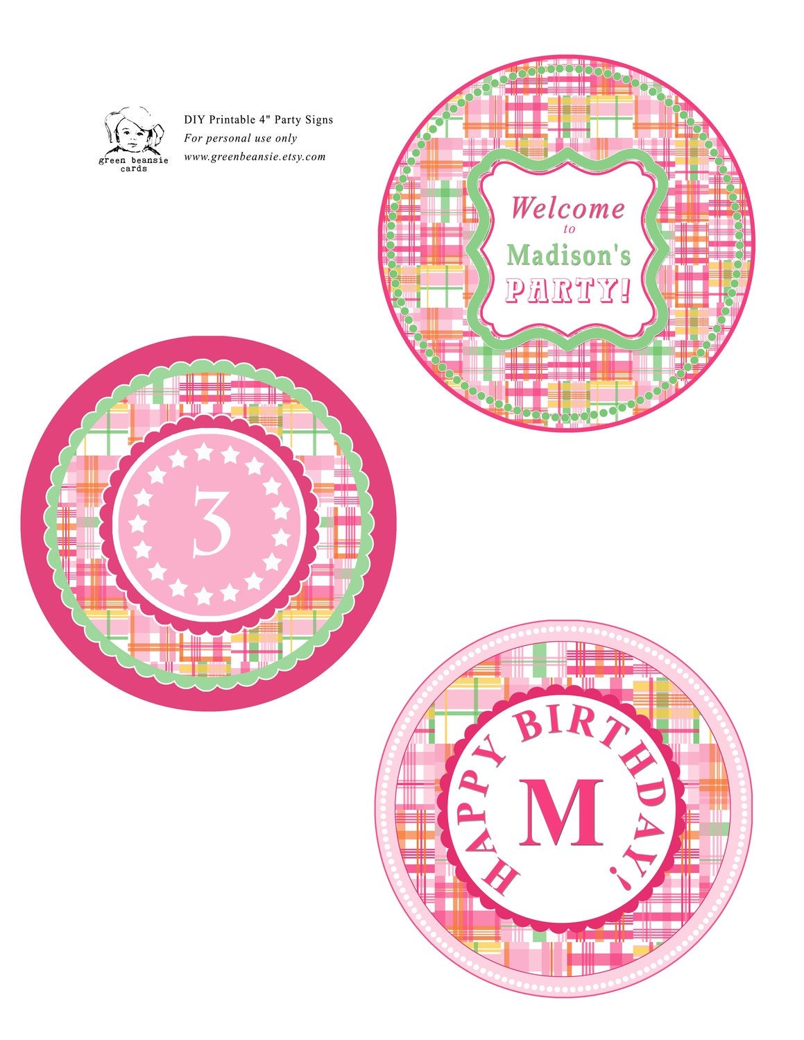 BLUE or PINK MADRAS Printable 4" Birthday Party Signs Il_170x135