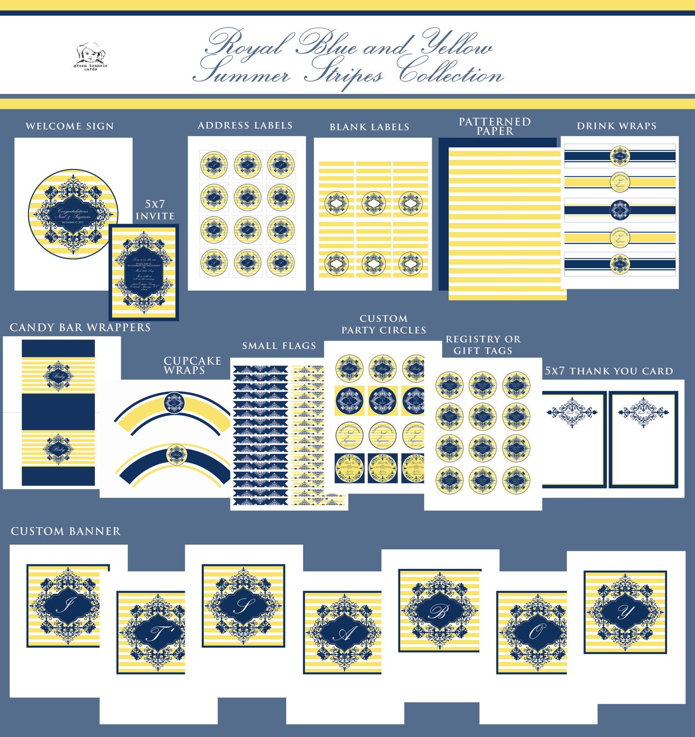 ORNATE BLUE & YELLOW Printable Party Decor Package and Invitation