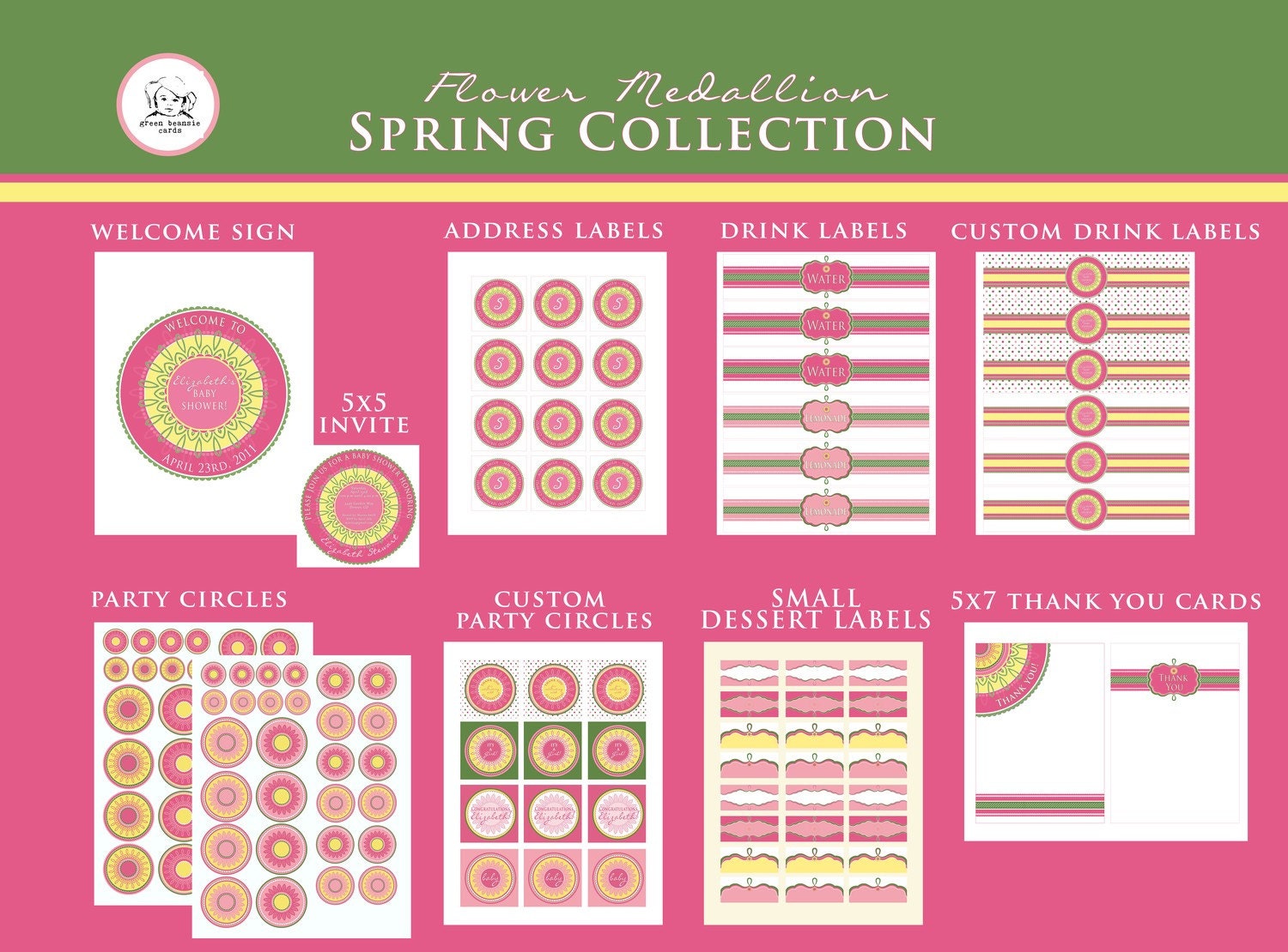 FLOWER MEDALLION Printable Party Decor Package and Square Invitation - Pink, Yellow, and Green Il_570xn